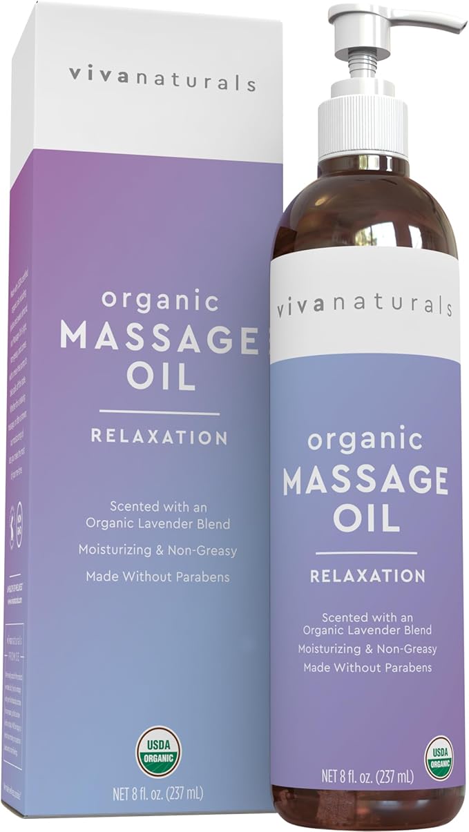 Viva Naturals Organic Massage Oil (8 fl. oz.) - Lavender Scented Non-Greasy Body Massage Oil with Mess-Free Pump, Moisturizing Massage Oils for Massage Therapy, Non-GMO and Certified Organic, 237 mL-Velvo Beauty