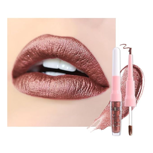 evpct Brown Bronze Metallic Glitter Lip Liner and Lipstick Combo Lip Gloss Stain Set Makeup for Women Long Lasting Waterproof 24, Hot Chocolate Metallic Shimmer Frosted Iridescent Liquid Lipstick 08-Velvo Beauty