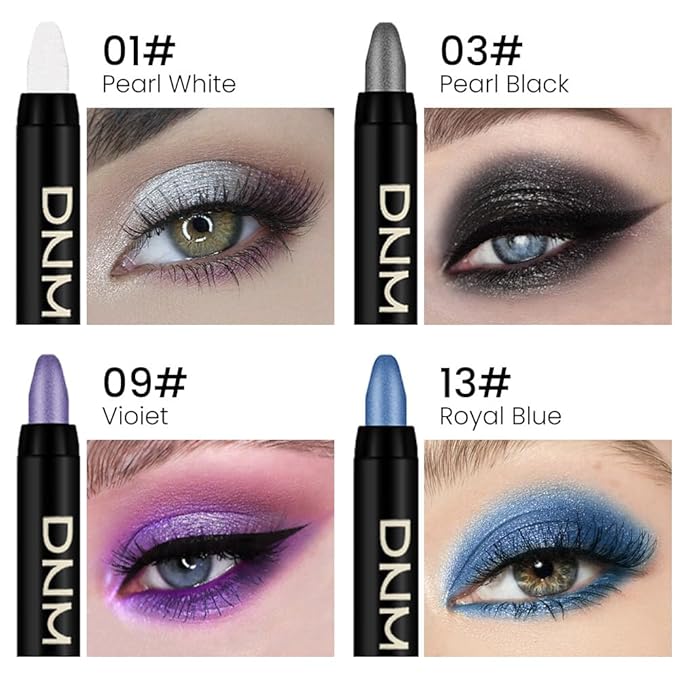 Kaely 4Pcs Metallic Shimmer Eye Shadow Sticks Set, Pearl White Pearl Black Vioiet Purple Royal Blue, Eyeliner Pencil Eyeshadow Palette Halloween Makeup, Eye Highlighter Brightener Stick for Women-Velvo Beauty