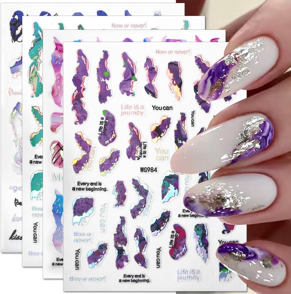 6 Color Marble Nail Art Stickers - Women's 3D Bronzing Silver & Watercolor Blooming Decals - Self Adhesive Foil Nail Designs-Velvo Beauty