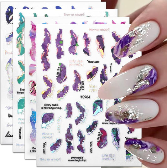6 Color Marble Nail Art Stickers - Women's 3D Bronzing Silver & Watercolor Blooming Decals - Self Adhesive Foil Nail Designs-Velvo Beauty