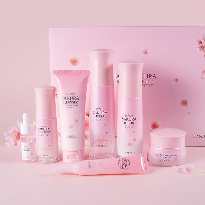 Skin Care Set JAPAN SAKURA Beauty Gift Sets Skin Care Kit with Cleanser, Toner, Lotion, Serum, Eye Cream, Face Cream, Make up Primer Travel Kit for Women Wife Mom 7pcs-Velvo Beauty