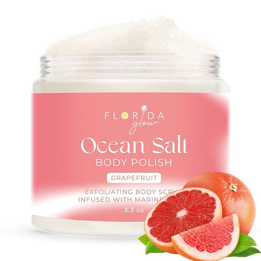Sea Salt Body Scrub by Florida Suncare - Ocean Salt Body Polish Infused with Marine Algae - Exfoliating Face and Body Scrub - Facial Scrub Exfoliator to Tackle Acne (Grapefruit, 3.3 oz)-Velvo Beauty