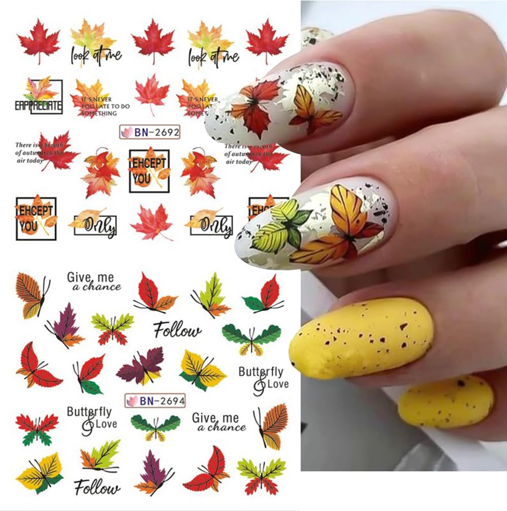 Fall Thanksgiving Nail Art Stickers Decals, 12 Sheets Maple Leaf Design Water Transfer Nail Decals Autumn Thanksgiving Nail Art Decoration Abstract Leaves Ginkgo Slider Nail Foils for Women DIY Supply-Velvo Beauty