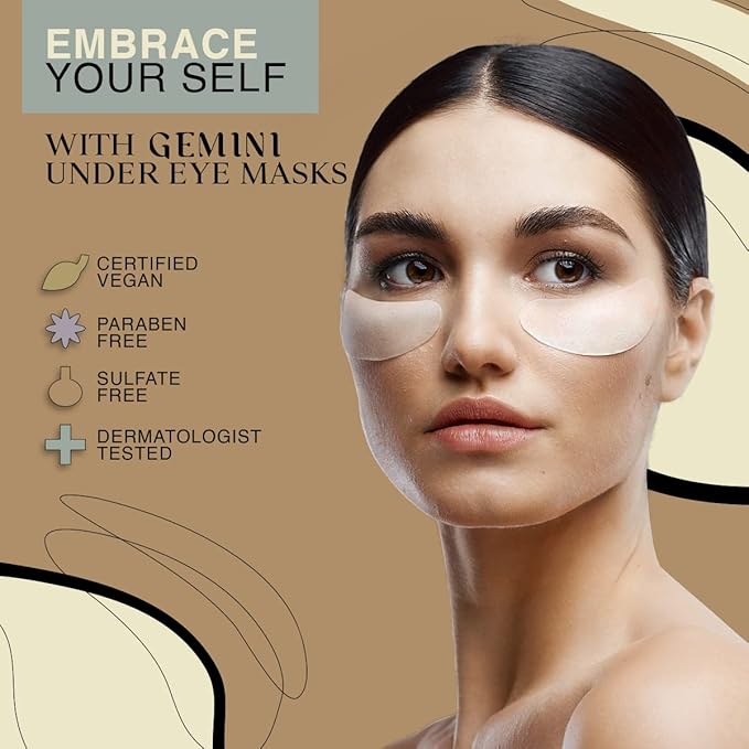 Gemini Under Eye Patches for puffy eyes, dark circles, under eye bags and wrinkles - 5 pairs biocellulose under eye masks for personal care - Certified Vegan-Velvo Beauty