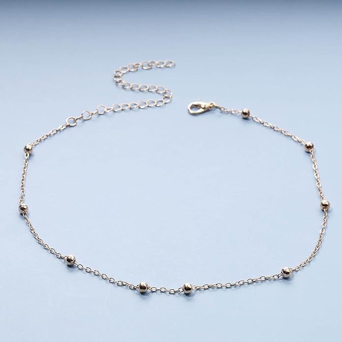 Boho Thin Beaded Choker Necklace Gold Station Ball Necklace Short Satellite Chain Necklace Everyday Minimalist Necklace Jewelry for Women and Girls-Velvo Beauty