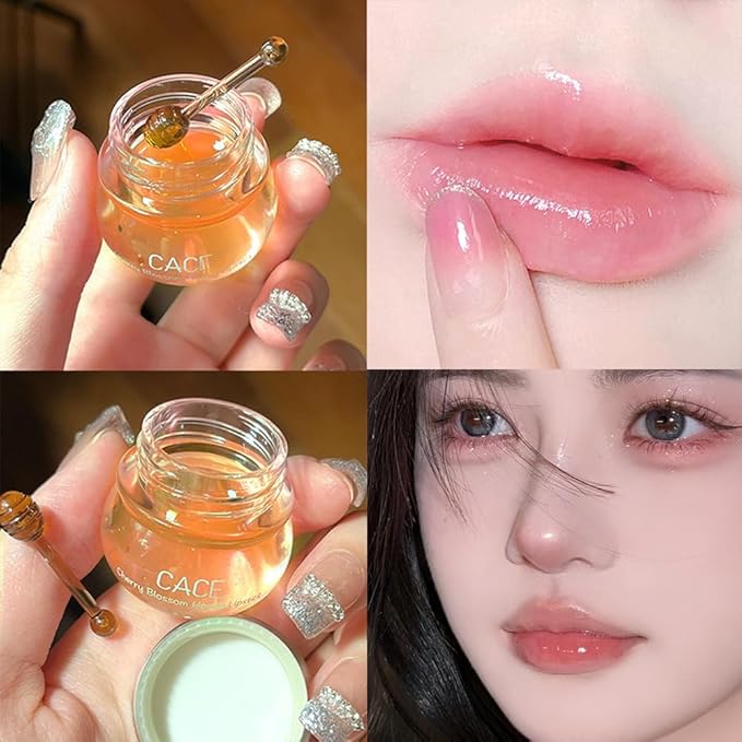Moisturizing Cherry Blossom Honey Lip Oil Lipsticks,Hydrating Propolis Lip Sleeping Mask,Cherry Lip Balm Honey Pot Lip Mask, Prevent Dry&Cracked, Nourishing Repair Dry Crack Lipblam Lips Care-Velvo Beauty