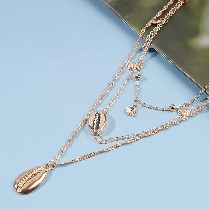 Boho Coin Disc Necklace Choker Gold Layered Shell Pendant Necklace Vintage Seashell Necklace Retro Singapore Chain Necklace Jewelry for Women Gifts-Velvo Beauty
