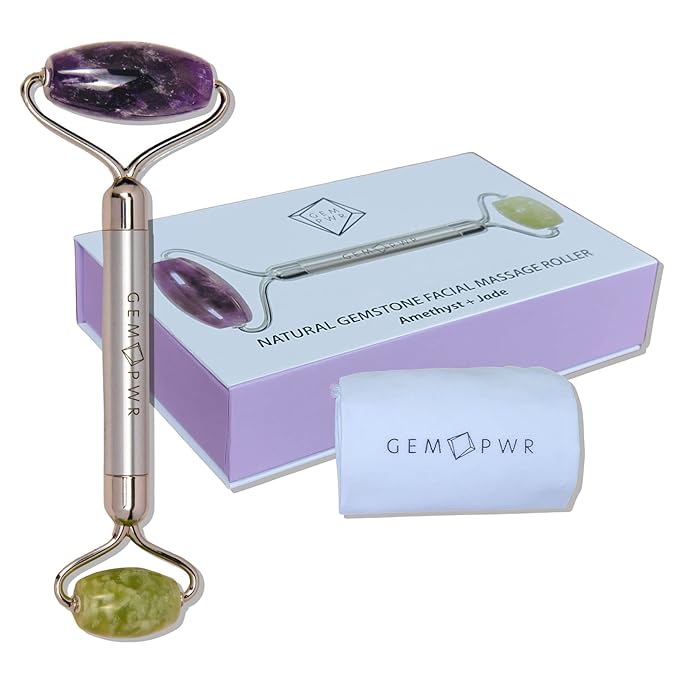 Amethyst + Jade Roller for Face and Neck Massage, Dual Gemstones with Durable Steel Handle and Travel Bag. Minimize Wrinkles, Reduce Puffiness and Restore Skin's Elasticity and Radiance-Velvo Beauty