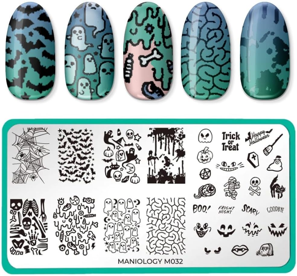Maniology Creepy Cute Nail Stamping Plate Set, Halloween Plates Bundle (Fright Night (M032), Ghosted (M056), Bad to The Bone (M158), Halloween Treats (M248))-Velvo Beauty
