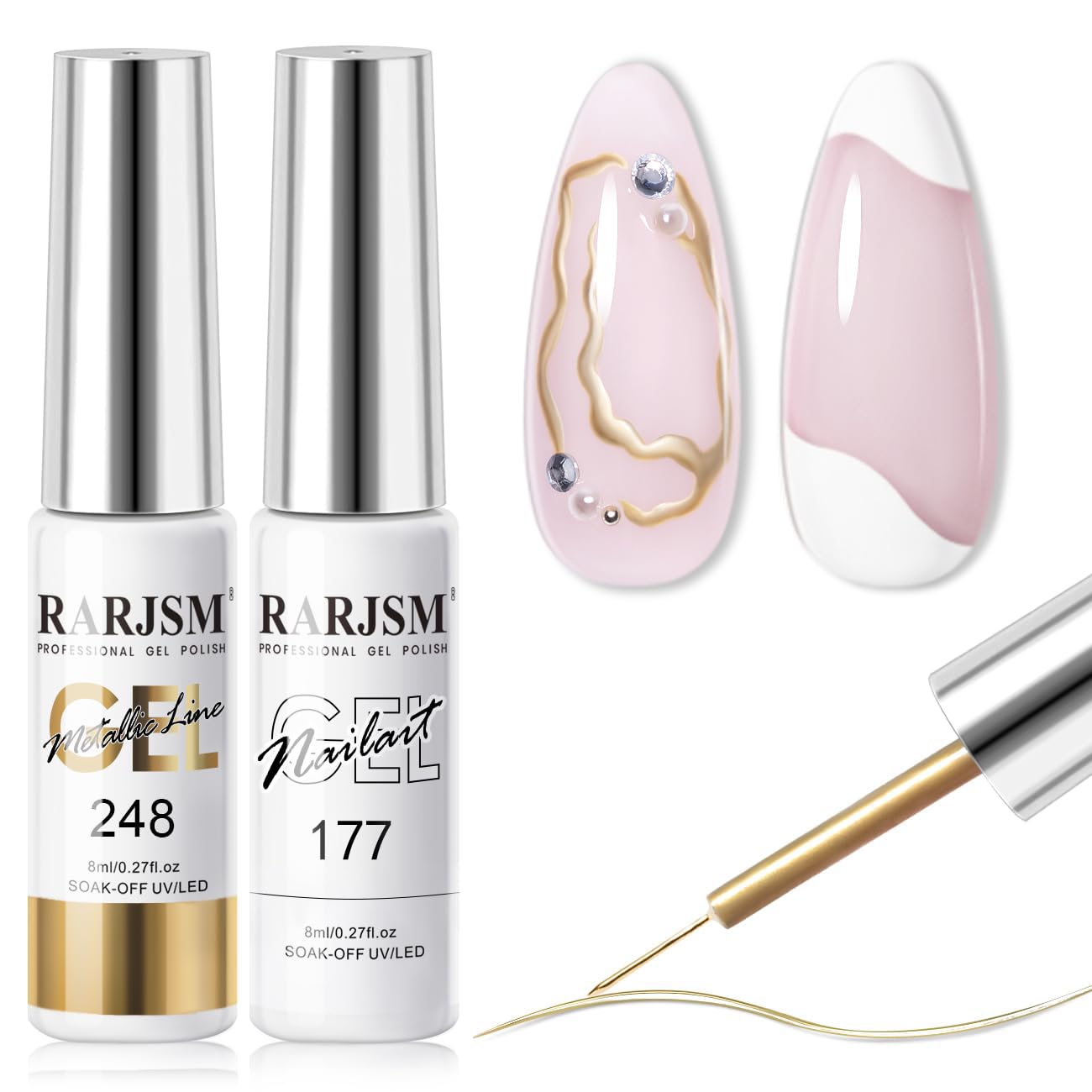 RARJSM Nail Art Gel Liner Metallic Bronze Gold and White 2pcs Set Mirror Chrome 3D Effect Gel Nail Polish 8ml Build in Thin Brush Swirl Drawing Stripper Gelpolish Curing Requires for Home Salon-Velvo Beauty