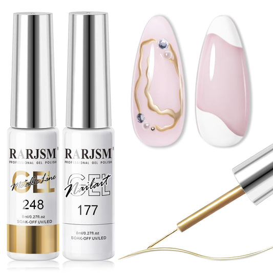 RARJSM Nail Art Gel Liner Metallic Bronze Gold and White 2pcs Set Mirror Chrome 3D Effect Gel Nail Polish 8ml Build in Thin Brush Swirl Drawing Stripper Gelpolish Curing Requires for Home Salon-Velvo Beauty