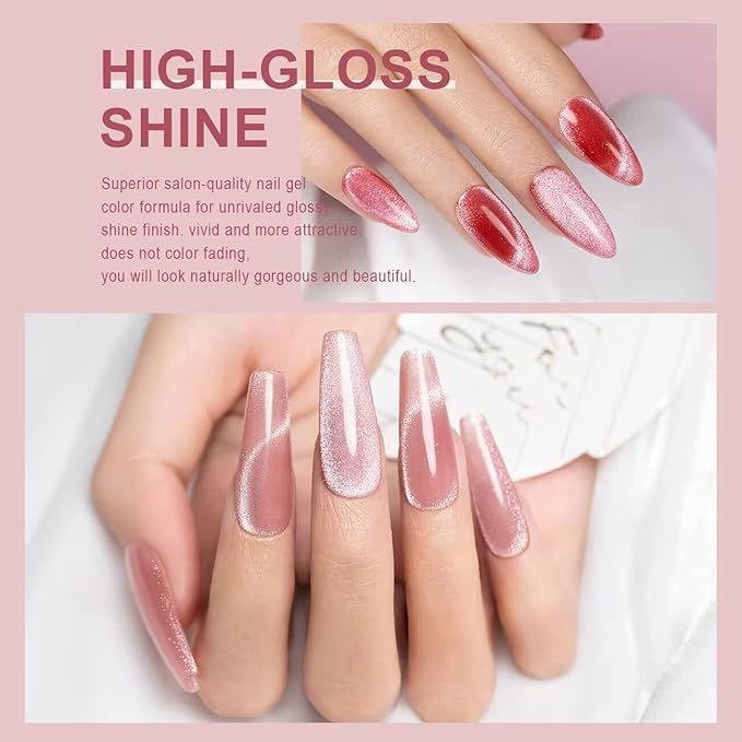 RARJSM Cat Eye Gel Nail Polish Set Silver Glitter Nude Purple Pink Red Champagne Gold Brown 6 Colors 9D Galaxy Velvet Ice Jelly Gel Polish with Magnet Stick UV LED Curing Requires Soak Off Home Salon-Velvo Beauty