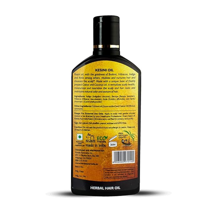 Kerala Ayurveda Kesini Hair Oil (3.38 fl oz) | Herbal Blend with Bacopa, Hibiscus, Amla, Indigo, Castor & Coconut Oil | Deeply Nourishes Dry Scalp & Strengthens Hair | Paraben-Free, Mineral Oil-Free-Velvo Beauty