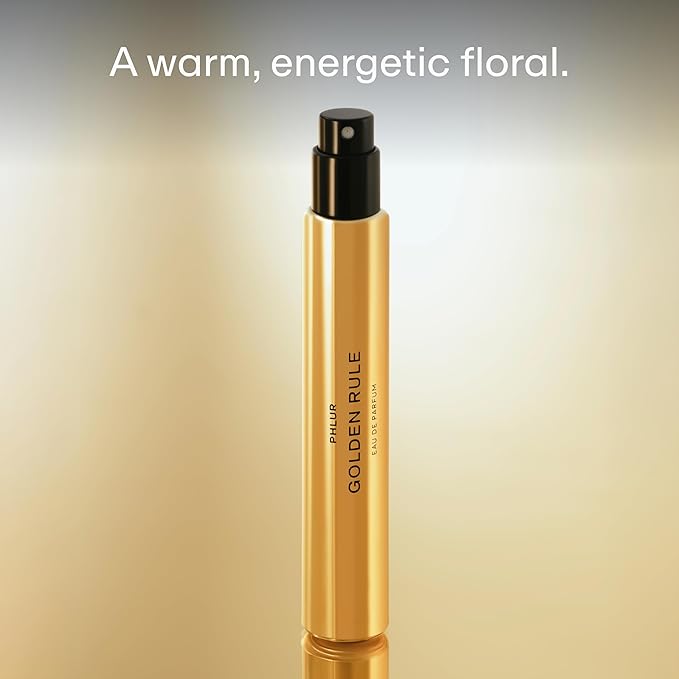 PHLUR Golden Rule Eau de Parfum - Travel Size Perfume Fragrance - Fruity Floral Perfume with Mandarin, Pink Pepper, Pear, Jasmine, Coconut Milk, Sandalwood & Vanilla Cream (9.5mL)-Velvo Beauty