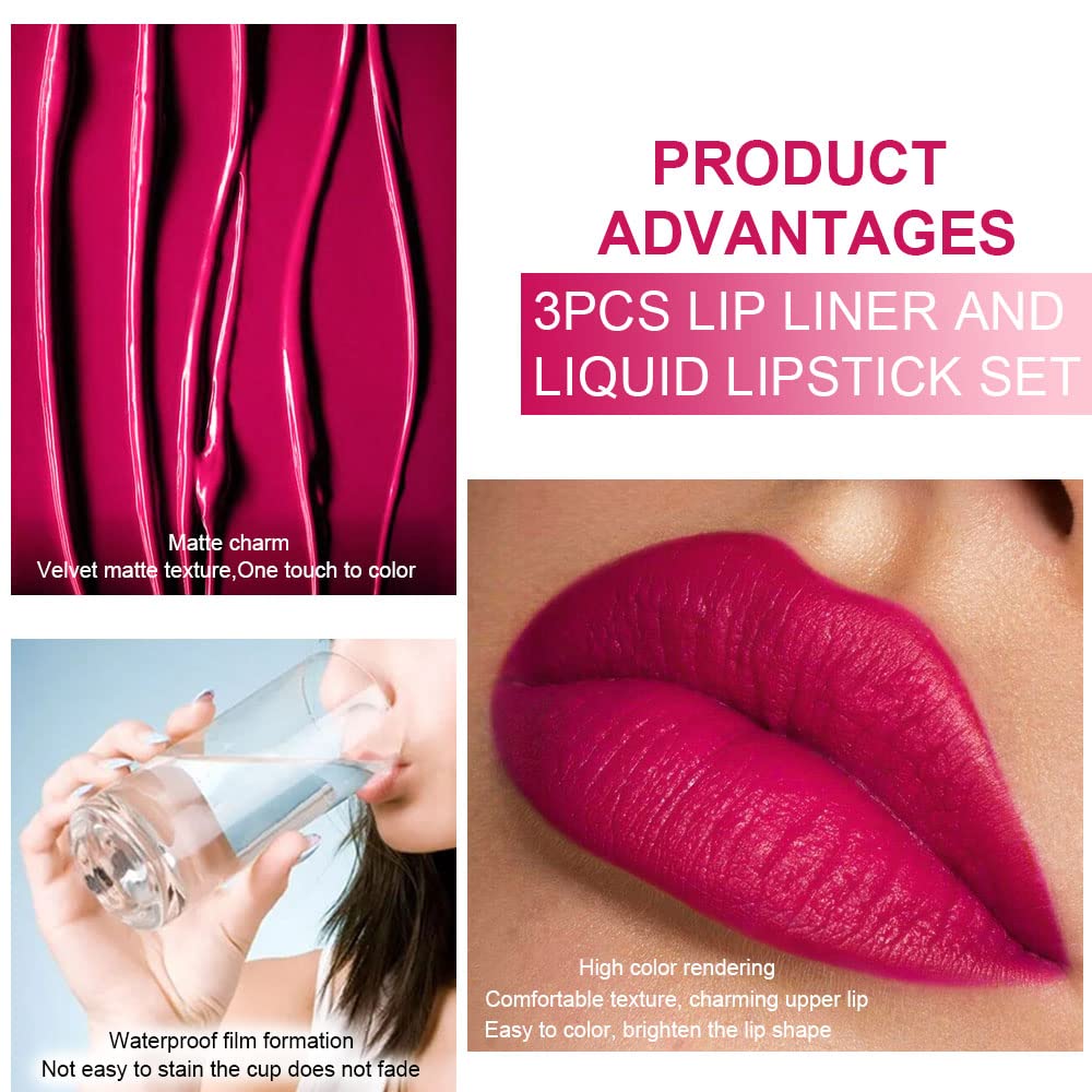 evpct 3Pcs Dark Plum Purple Rose Dark red Matte Lip Liner Pencil and Liquid Lipstick Sets for Women Long Lasting Waterproof, 24 Hour Lipstick Lip Stick/Gloss Set labiales mate 24 horas originales, 01-Velvo Beauty