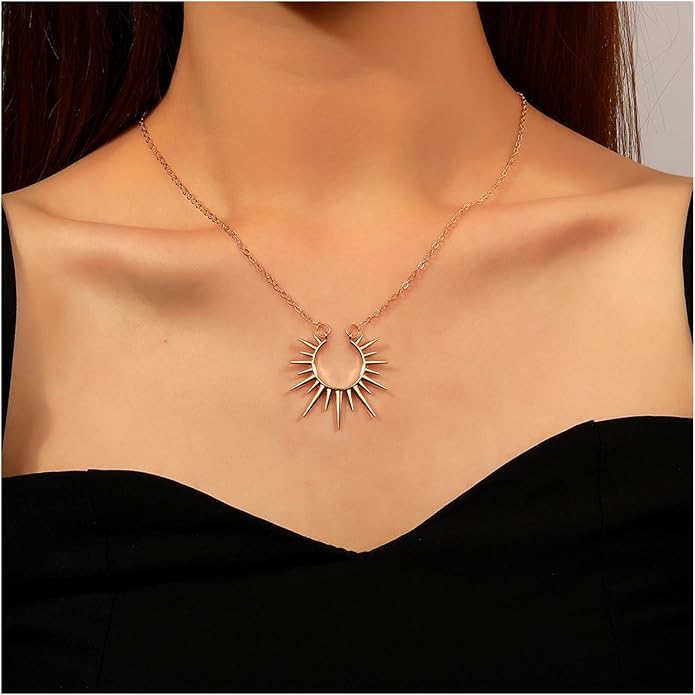 Vintage Sunburst Pendent Necklace Hollow Sunburst Necklace Moonstone Gold Sun Choker Necklace Open Sunburst Necklace Jewelry for Women (Gold)-Velvo Beauty
