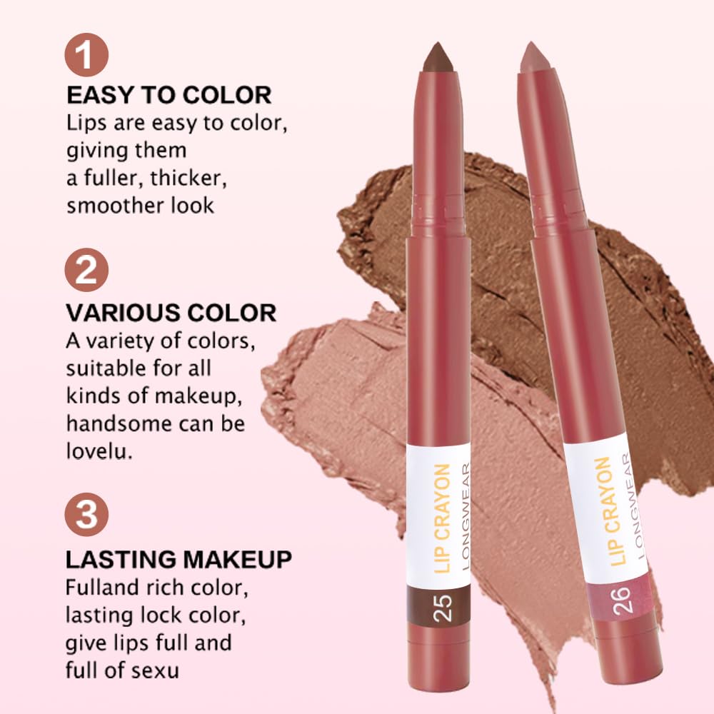 BINGBRUSH Matte Lip Crayon Set – Longwear, Waterproof, Velvet Finish, Built-in Sharpener, Smooth Lip Liner & Gloss (25#+26#, 2 Count (Pack of 1))-Velvo Beauty
