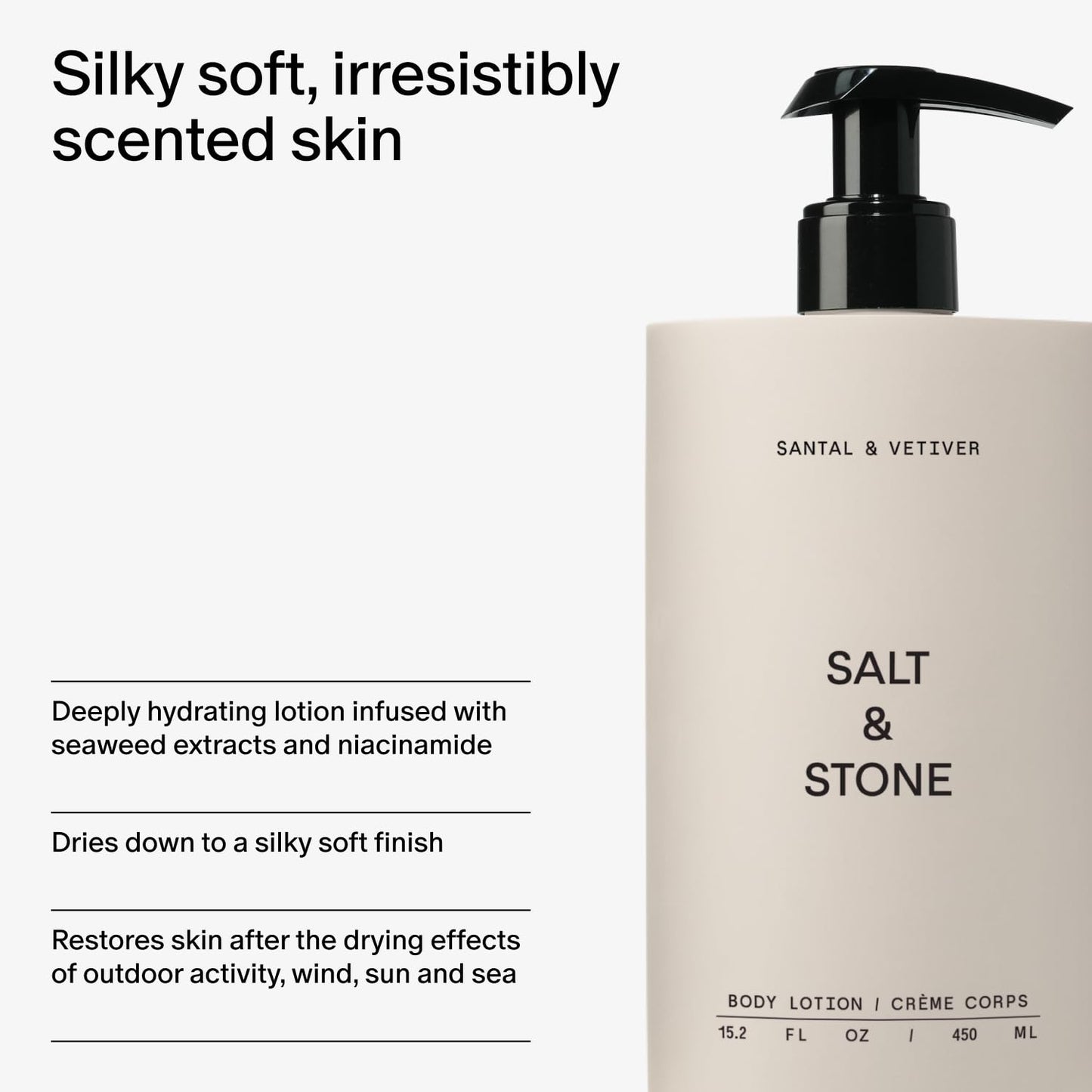 Salt & Stone Body Lotion for Women & Men| Scented Daily Body Lotion | Hydrates, Nourishes & Softens Skin | Restores Dry Skin | Fast-Absorbing | Cruelty-Free & Vegan (450 ml) (Santal & Vetiver)-Velvo Beauty