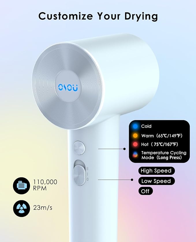 Hair Dryer with Diffuser for Curly Hair, Negative Ionic Hairdryer, High-Speed Blow Dryer with 110, 000 RPM Brushless Motor, Fast Drying Lightweight Travel Hairdryer, Low Noise Quiet Hair Dryers-Velvo Beauty