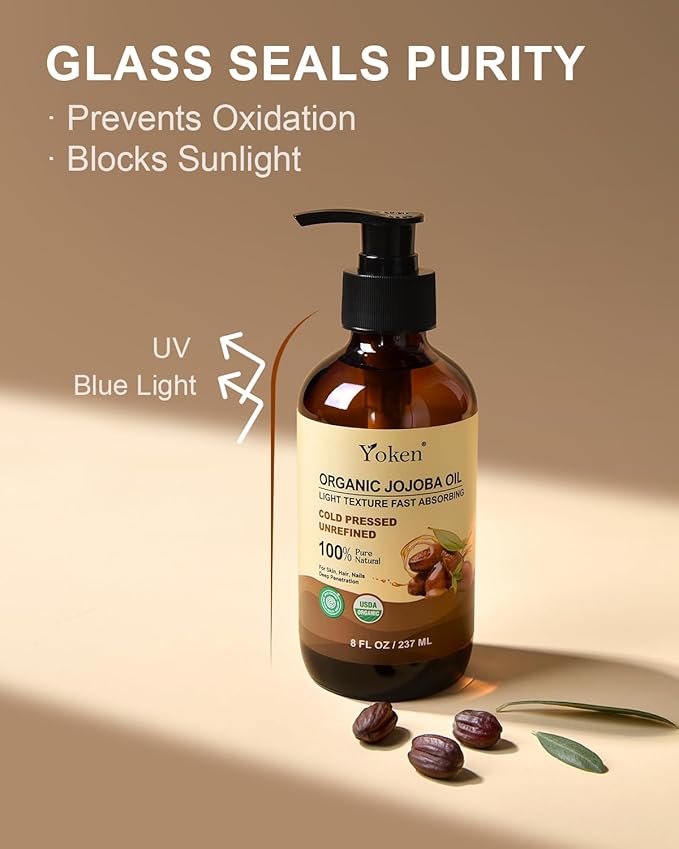 Yoken Organic Jojoba Oil Glass Bottle 8 fl oz, USDA Certified 100% Pure & Natural Jojoba Oil for Hair, Skin & Face, Cold Pressed Unrefined Hexane Free, Deeply Moisturizing Body Serum Oils for Gua Sha-Velvo Beauty