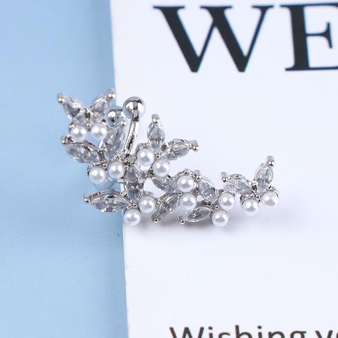 Vintage Crystal Pearl Ear Cuff Earrings Rhinestone Butterfly Cuff Wrap Earrings Cz Butterfly Ear Climber Cuff Earrings Silver Pearl Cz Non Piercing Earring Jewelry for Women(Left)-Velvo Beauty