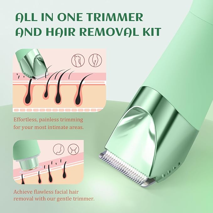 SUPRENT Bikini Trimmer Women - Painless Ladies Hair Removal - Waterproof Wet & Dry - 2 in 1 Lady Shaver for Pubic & Facial Hair - Cordless Electric Razor with USB-C Rechargeable - Green-Velvo Beauty