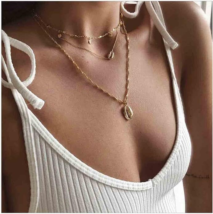 Boho Coin Disc Necklace Choker Gold Layered Shell Pendant Necklace Vintage Seashell Necklace Retro Singapore Chain Necklace Jewelry for Women Gifts-Velvo Beauty