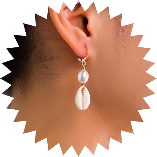 Boho Shell Drop Earrings Vintage Gold Star Shell Dangle Earrings Statement Cowrie Shell Hook Earrings Summer Beach Seashell Earrings Jewelry for Women-Velvo Beauty