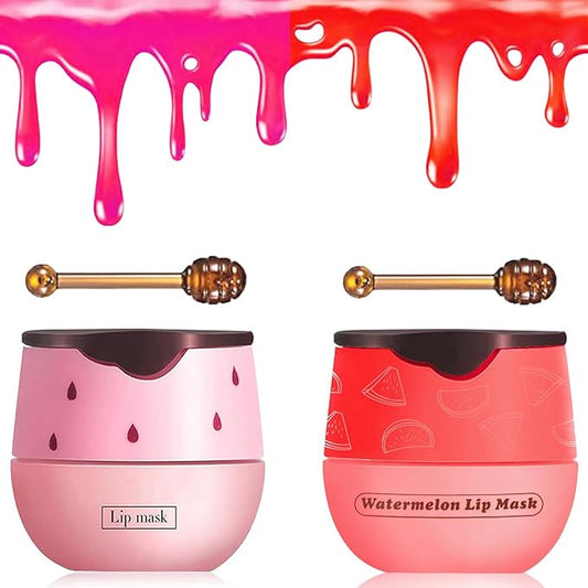 2 PCS Bee Lip Balm Honey Pot, Watermelon & Strawberry Sleeping Lip Mask Overnight, Hydrating Prevention Dry and Cracked Lip Scrub, Reduces Lip Lines, Brightening Lip Color-Velvo Beauty