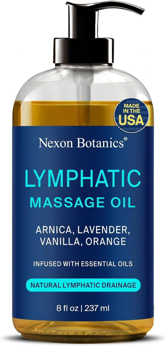 Lymphatic Drainage Massage Oil for Massage Therapy 8 fl oz - Refreshing and Relaxing - Natural Oils with Arnica, Vanilla and Lavender Oil - for Men and Women - Nexon Botanics-Velvo Beauty