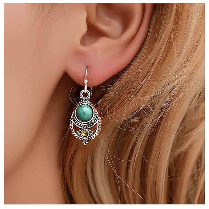 Boho Ethnic Turquoise Drop Earrings Silver Teardrop Turquoise Earrings Gemstone Hook Earrings Retro Drop Dangle Earrings Jewelry for Women and Girls-Velvo Beauty