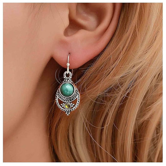 Boho Ethnic Turquoise Drop Earrings Silver Teardrop Turquoise Earrings Gemstone Hook Earrings Retro Drop Dangle Earrings Jewelry for Women and Girls-Velvo Beauty