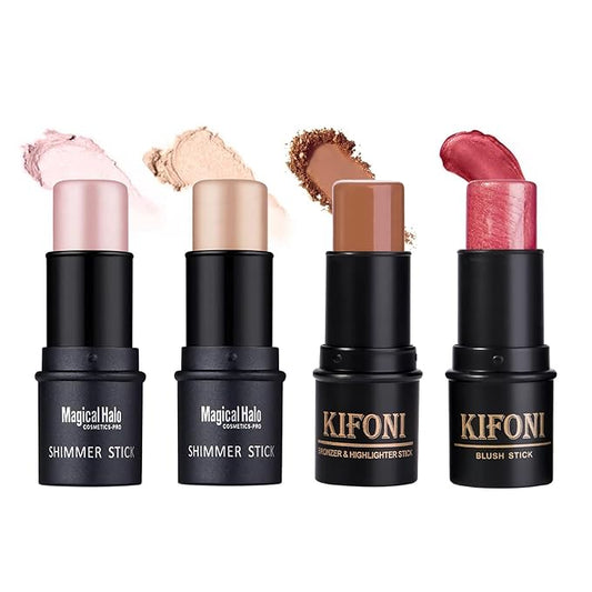 4PCS Contour Stick - Highlighter And Cream Blush Stick 4 Colors Kit - Moisturizer, Face Brightens & Shades Pencil, Facial Shaping Makeup Sticks for Older Women & Mature Skin-Velvo Beauty