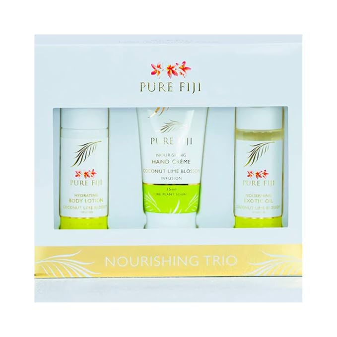 Pure Fiji Nourishing Trio, Ideal Spa Bath Gift Set for Women - Travel Kit - Includes Exotic Body Oil , Hydrating Body Lotion For Women and Nourishing Hand Cream, Coconut Lime Blossom Scent-Velvo Beauty