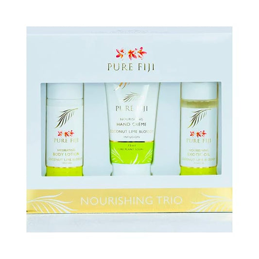 Pure Fiji Nourishing Trio, Ideal Spa Bath Gift Set for Women - Travel Kit - Includes Exotic Body Oil , Hydrating Body Lotion For Women and Nourishing Hand Cream, Coconut Lime Blossom Scent-Velvo Beauty