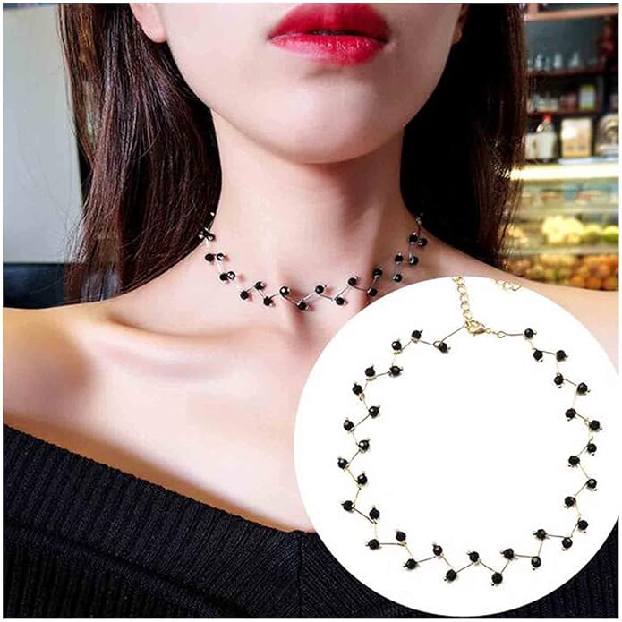 Black Crystal Choker Necklace Short Black Beaded Choker Necklace Silver Chain Necklace Minimalist Necklace Jewelry for Women and Girls-Velvo Beauty