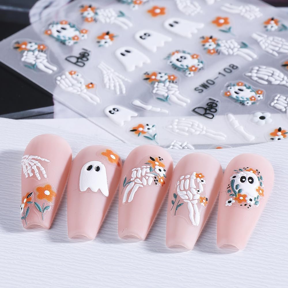4 Sheets Halloween Nail Stickers for Nail Art Scary Black Cat Mummy Spider Web Nail Art Stickers 5D Spider Pumpkin Nail Decals Self-Adhesive Ghost Skeleton Nail Supplies for Women Nails Decoration-Velvo Beauty
