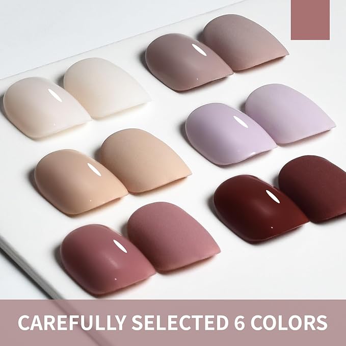 JODSONE 10ml Nude Pink Gel Nail Polish Set 6Colors Long Lasting Neutral Brown Red Purple Nail Polish Lacquer Glossy Art for Nail and Salon Need U V Lamp-Velvo Beauty