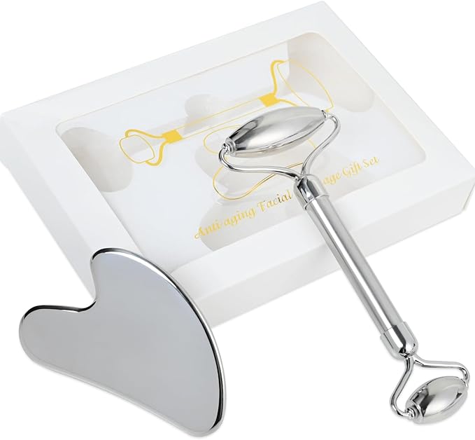 ONLYSKY BEAUTY Face Roller Gua-Sha Set Facial Roller kit for Face Skincare, Stainless-Steel Stone Sculpting Tool, Massager Roller for Skin Care,Gift for Men and Women-Velvo Beauty