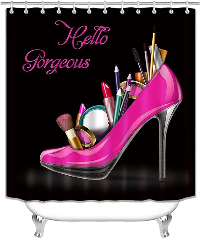 4PCS Hello Gorgeous Shower Curtain Set, Hot Pink High Heels Lipstick Makeup Fashion Girls Women Bathroom Decor, Waterproof Fabric Black Shower Curtain, Non-Slip Bath Mat Toilet Rug, Hot Pink-Velvo Beauty