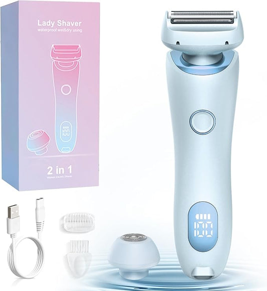 Livora Electric Shaver for Women, 2 in 1 Wet & Dry Bikini Trimmer with 2 Removable Heads, The Glide Pro 3.0 Razor, Painless Hair Removal for Bikini, Legs, Underarms, Body (Blue)-Velvo Beauty