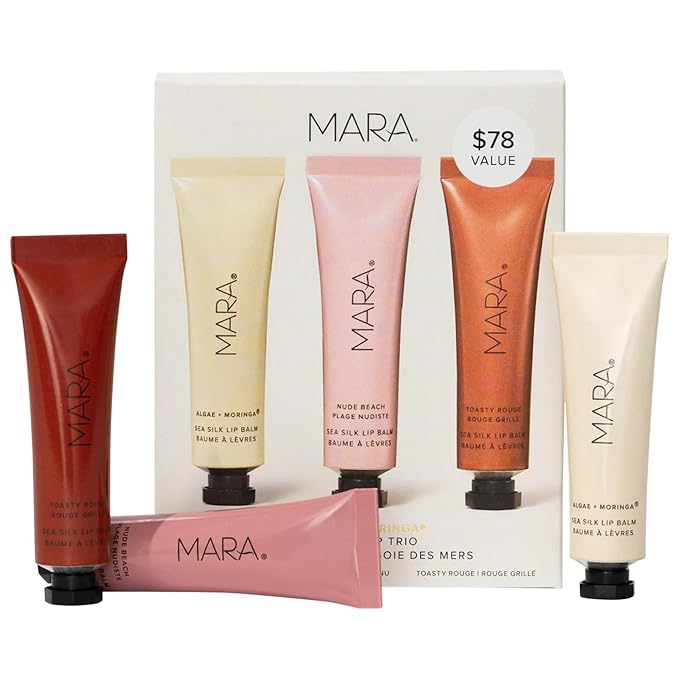 MARA - Sea Silk Lip Balm Trio | Non-Toxic, Plant-Based Skin Care, Hypoallergenic | Moisturize, Plump + Soothe Dry, Chapped Lips | Clear, Nude Beach, & Toasty Rouge (3 Piece Set)-Velvo Beauty