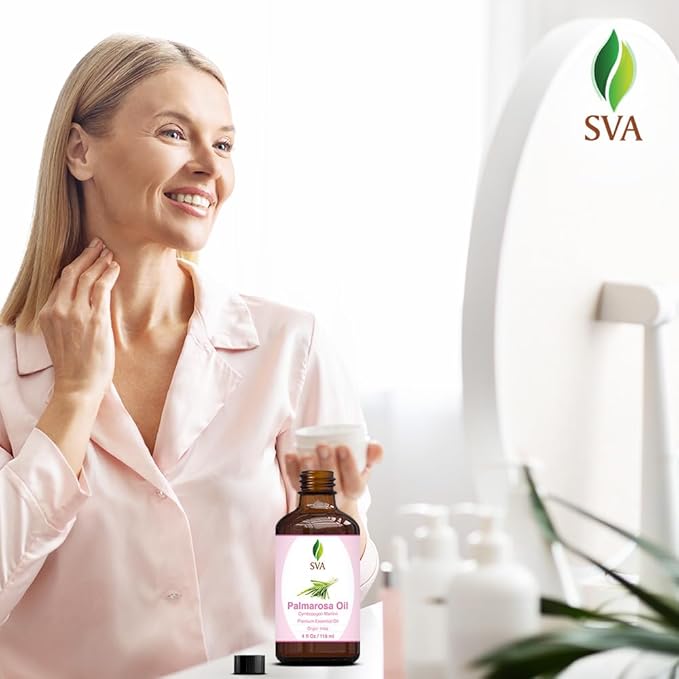 SVA Palmarosa Essential Oil – 4 Fl Oz – 100% Natural Palmarosa Oil - for Diffuser, Hair Care, Face, Skin Care, Aromatherapy, Scalp and Body Massage, Soap and Candle Making – with Dropper-Velvo Beauty