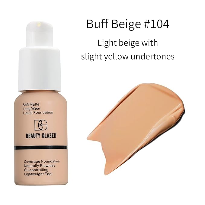 Beauty Glazed Soft Matte Silky Full Coverage Liquid Foundation, Multi-Use Buildable Foundation Lightweight Feel Oil Control Longwear Naturally Flawless Coverage Foundation (104 Buff Beige)-Velvo Beauty