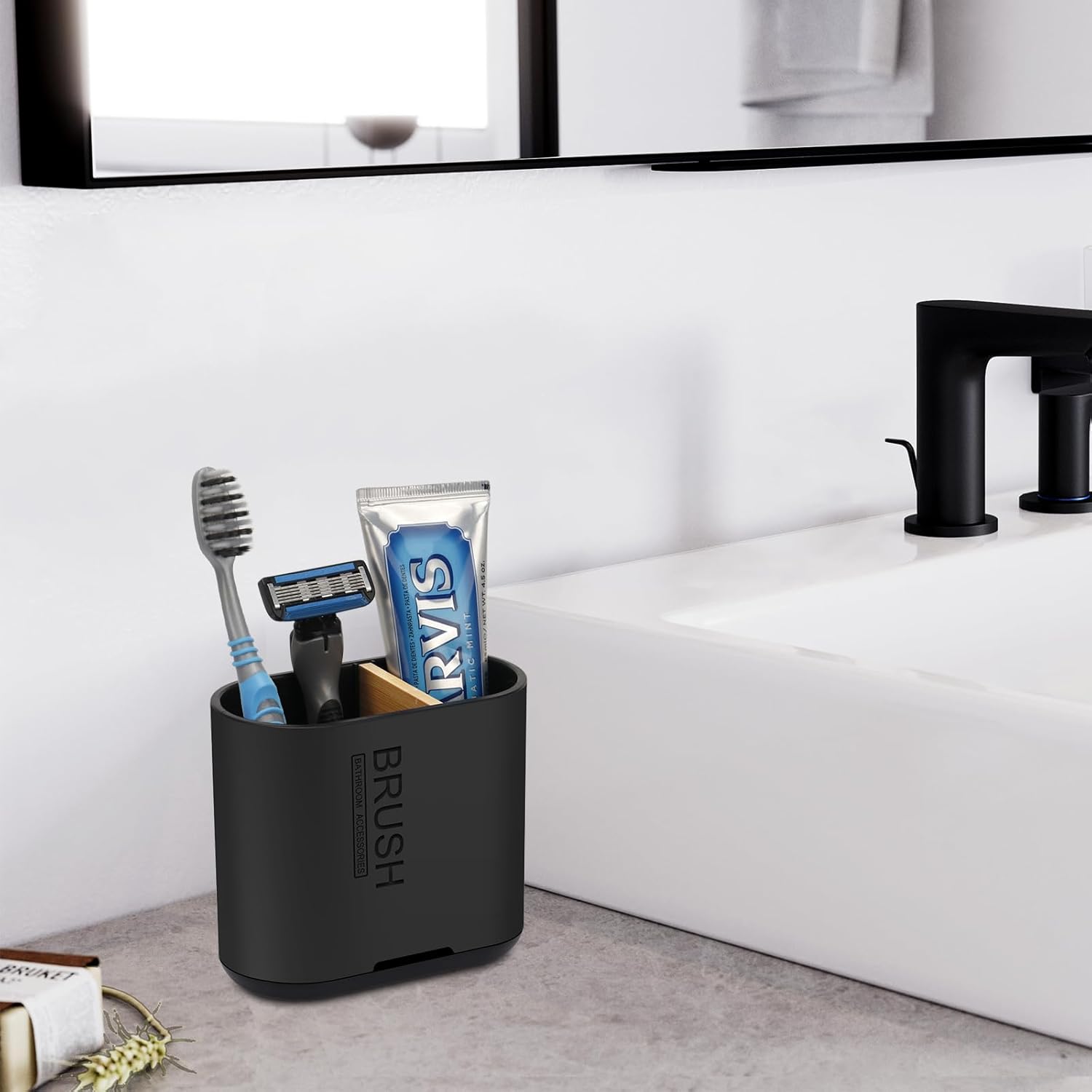 Toothbrush and Toothpaste Holder with Bamboo Divider for Bathroom Countertop Organizer, Detachable for Easy Clean, 2 Slots Electric Toothbrush Holders Storage Caddy Drainage for Family-Black-Velvo Beauty