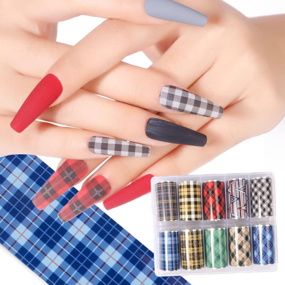 10 Colors Buffalo Plaid Nail Art Foils Christmas Nail Transfer Stickers Supplies Buffalo Plaid Design Nail Decal Tips Wraps Adhesive Glitters Acrylic DIY Nail Decoration-Velvo Beauty