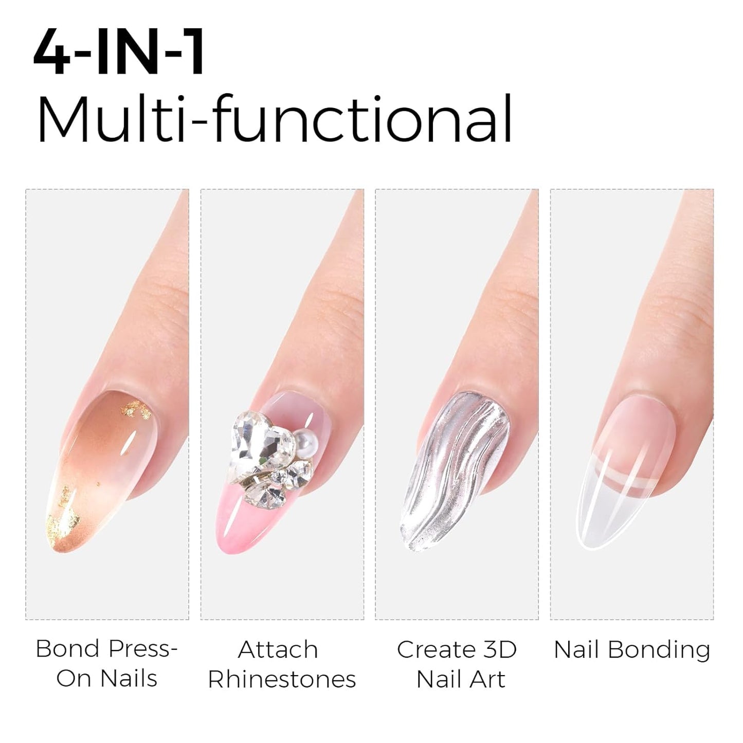 TOMICCA 4 in 1 Nail Glue for Press Ons 30g Gel Nail Glue Strong for Acrylic Nails Lamp Curing Needed UV-Velvo Beauty