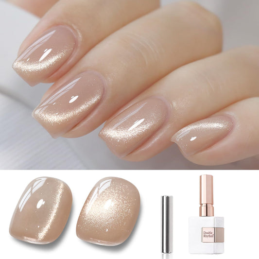 Double Rhythm Cat Eye Gel Polish with Magnet 15ML Ice Glass Holographic Glitter Shimmer Translucent Sheer Color Salon Soak Off Magnetic at Home (Milky Nude-MC1121)-Velvo Beauty
