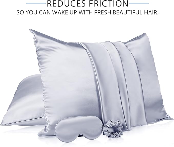 2 Pack Satin Pillowcase with Latent Zipper, Adjustable Satin Eye Mask for Sleeping and Satin Volume Scrunchie for Hair and Skin, Standard Size (Silver,Classic Style)-Velvo Beauty